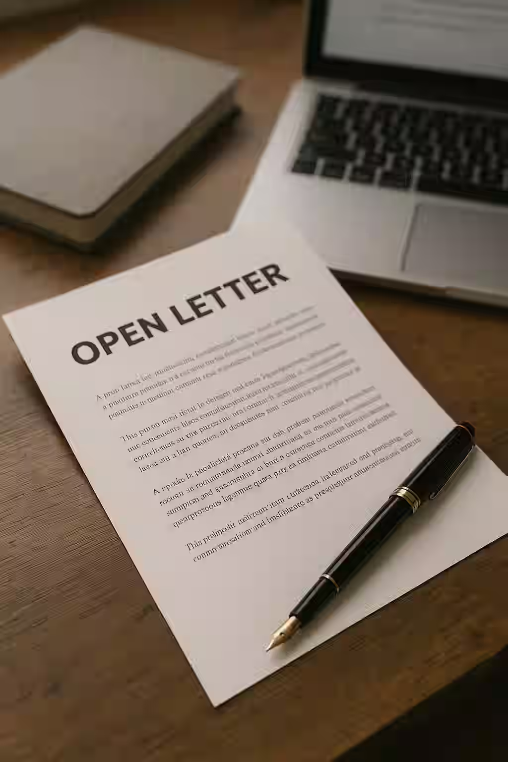 A photograph prominently features an open letter printed on professional stationery, placed on a clean workbench with subtle electronic components in the background — symbolizing transparency and direct communication from iESN.