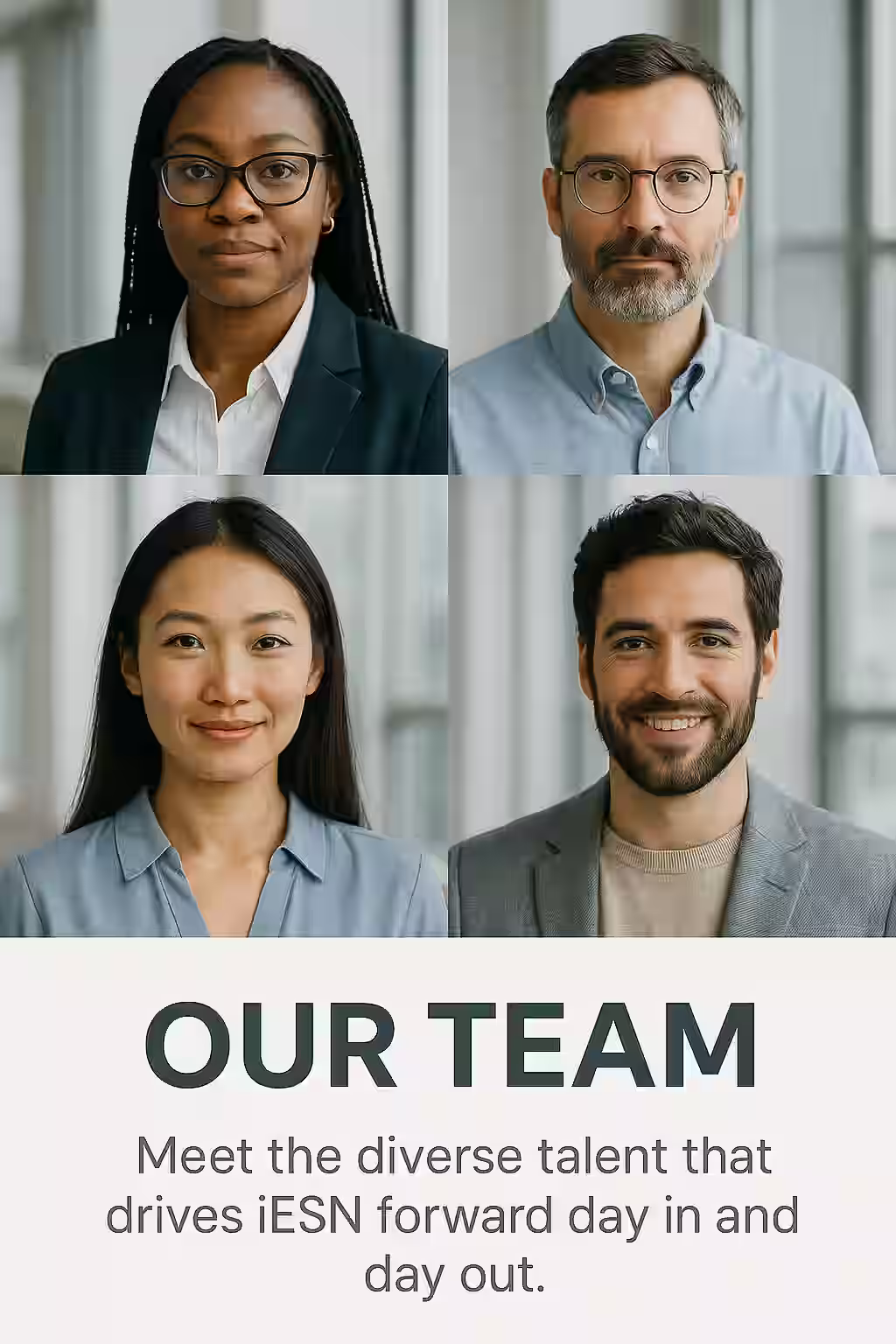A photographic portrait collage featuring four diverse electronics professionals collaborating in a modern workspace — symbolizing the strength and unity of the iESN team.