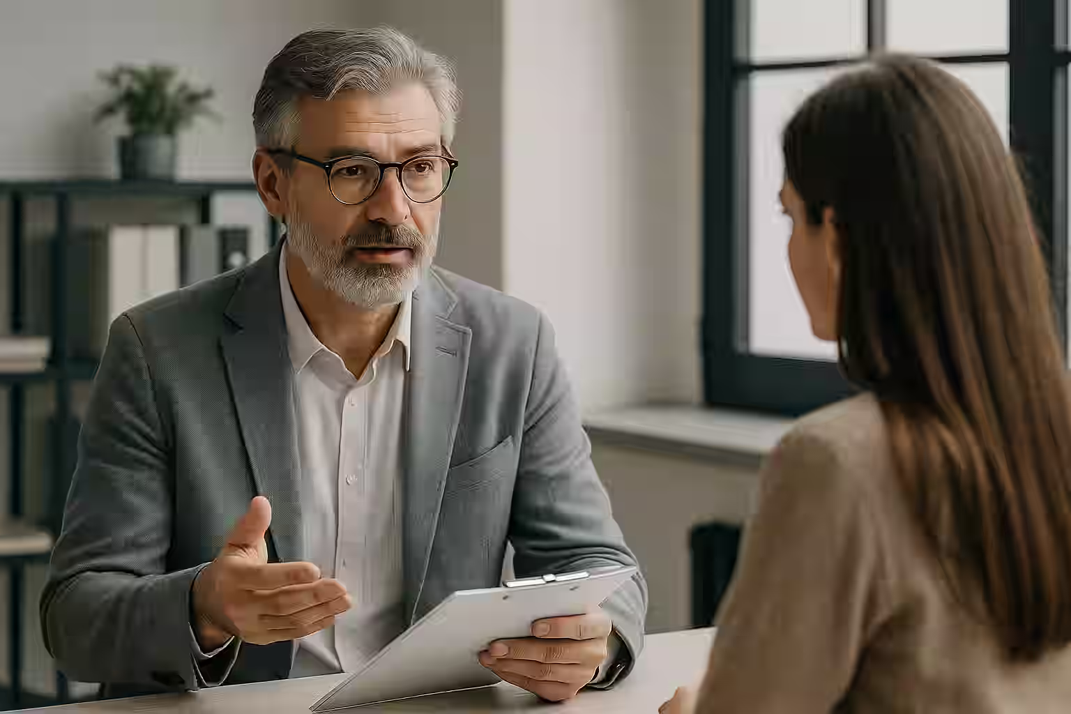 A photograph features a professional consultation scene, with an experienced advisor reviewing technical documents across from an engineer in a collaborative workspace — symbolizing guidance and expertise.
