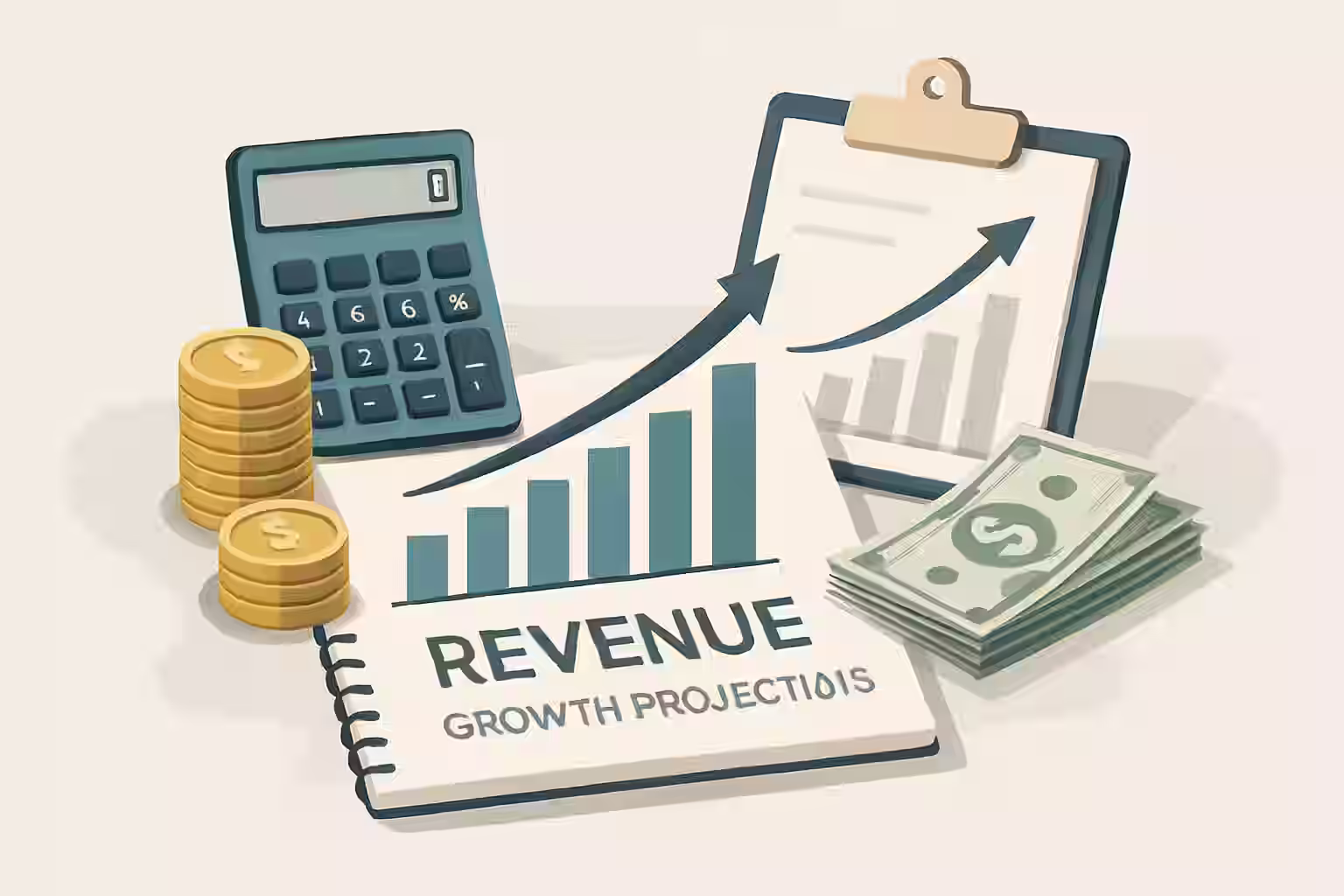 A 2D digital illustration visualizes revenue and growth projections with upward-trending charts, circuit board overlays, and collaborative figures — symbolizing scalable and data-driven financial strategy.