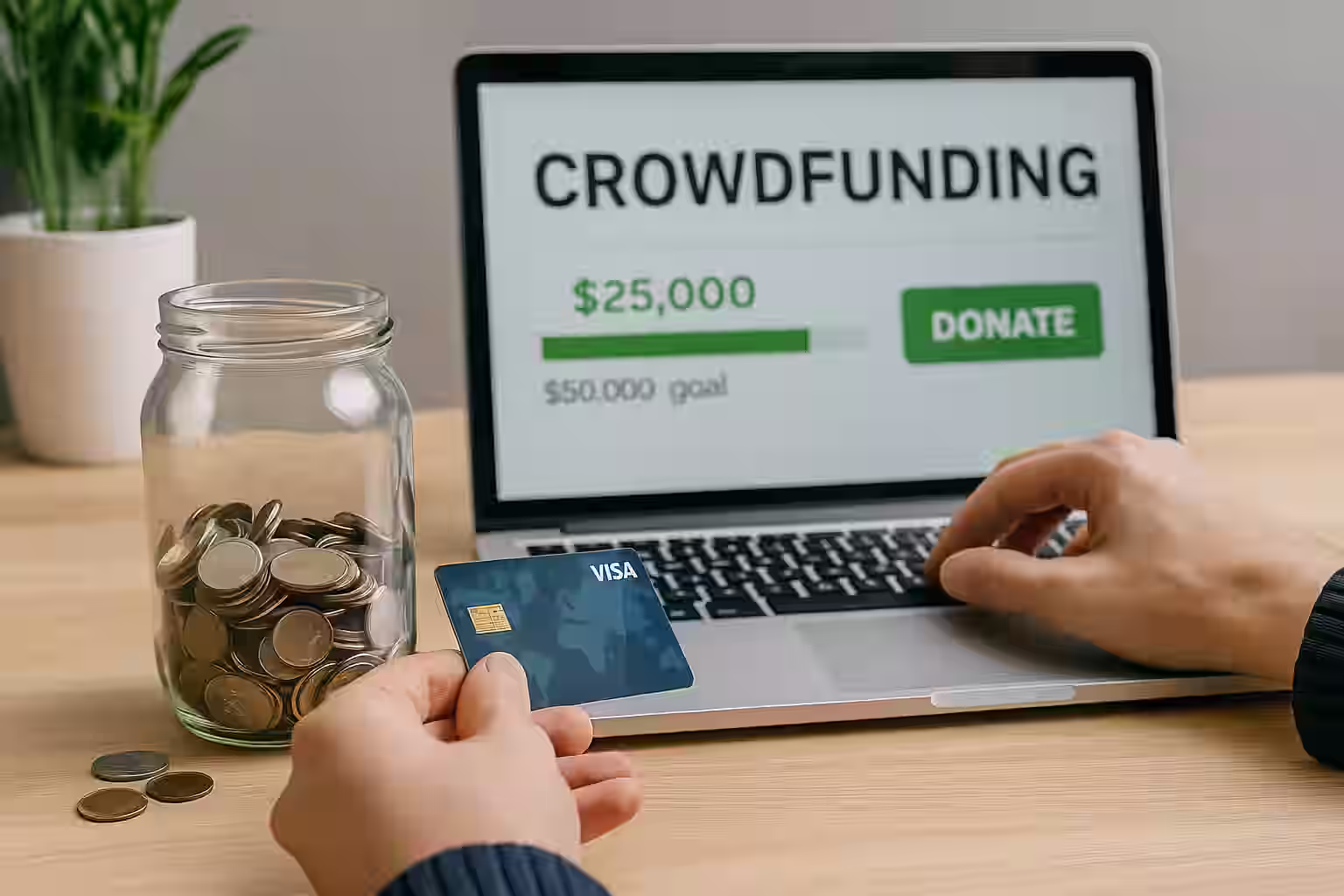 A photograph captures a crowdfunding campaign setup on a laptop beside handwritten planning notes and a coffee cup — symbolizing self-managed fundraising and independent financial control.