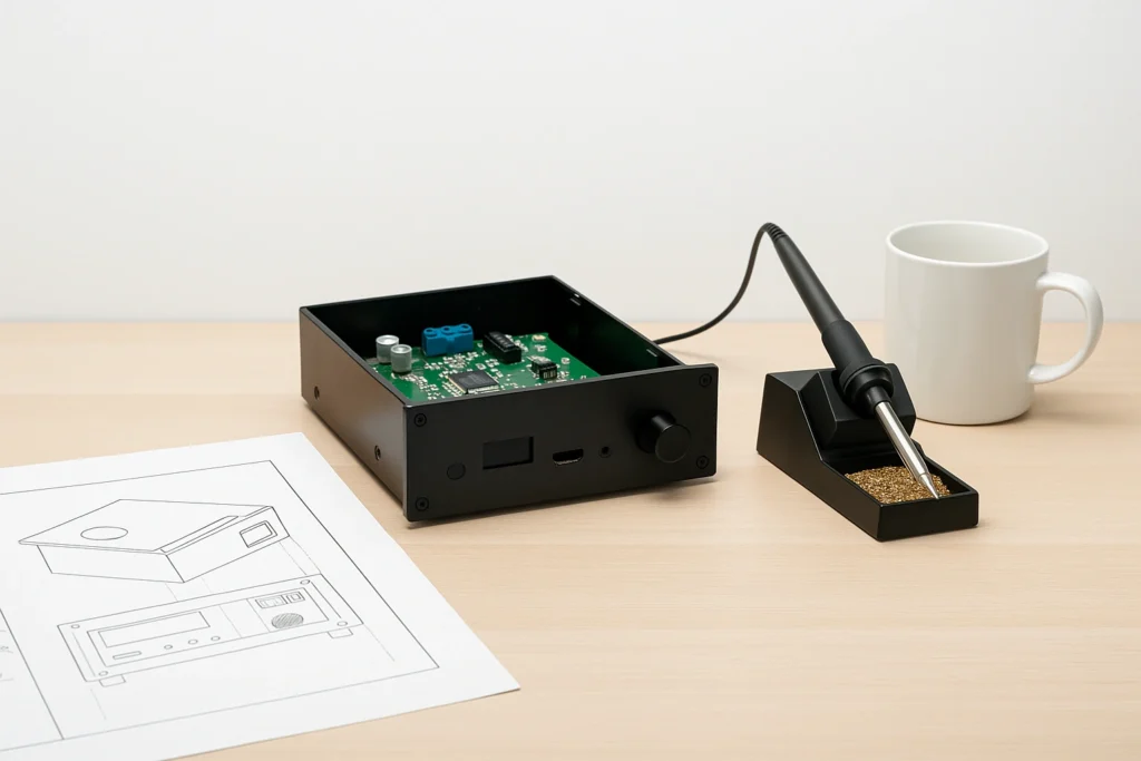 Partially assembled electronic device on a workbench with blueprint, soldering iron, and coffee mug on a white background.