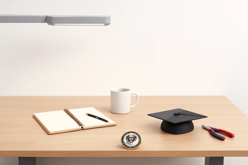 Clean wooden workbench with notebook, mug, graduation cap, and pliers under a soft white light.