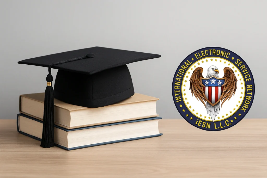 Graduation cap resting on books beside the official iESN LLC logo — symbolizing real professional knowledge.