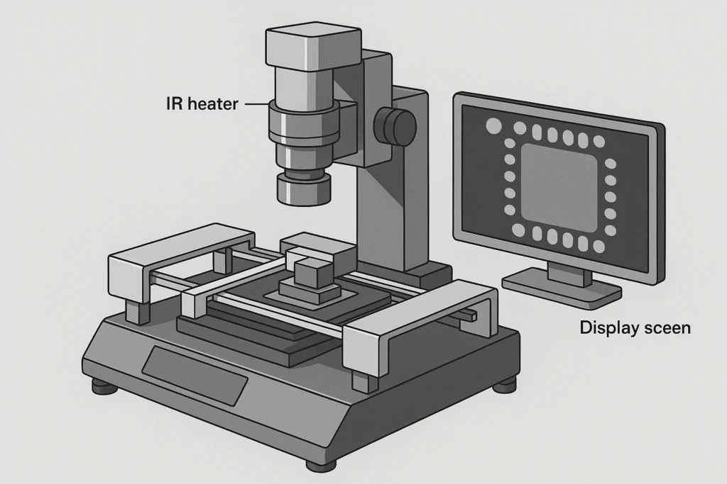 Professional BGA rework station with cylindrical top heater, IR camera, CNC base, and halogen bottom heater.