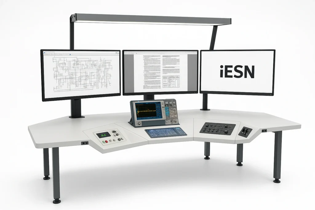 Modern electronics workbench with integrated monitors, oscilloscope, and power tools on a white background.
