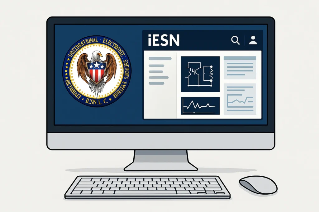 Computer monitor displaying the iESN System interface with official eagle and shield logo, keyboard and mouse in front.