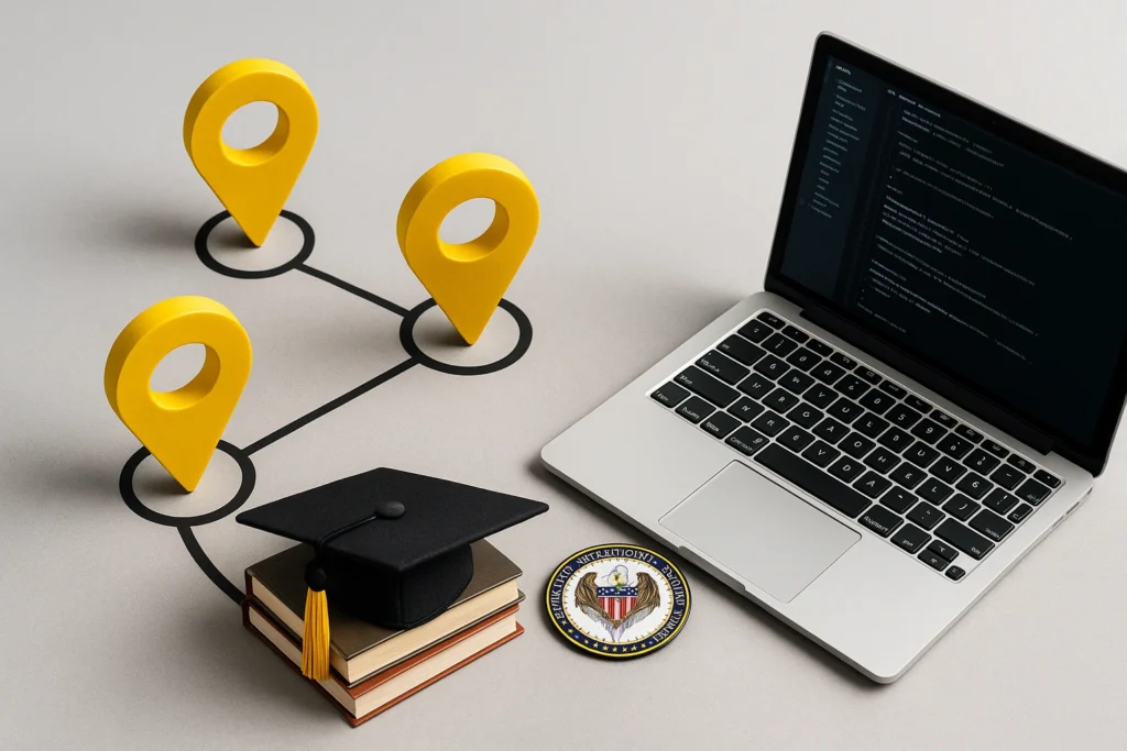 Network of yellow location markers connected by lines, with books, graduation cap, and laptop on a neutral background.