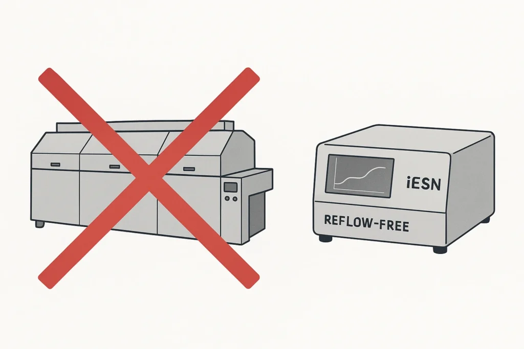Comparison of traditional reflow oven / vapor phase versus iESN Reflow-Free compact device with red X negating legacy method.