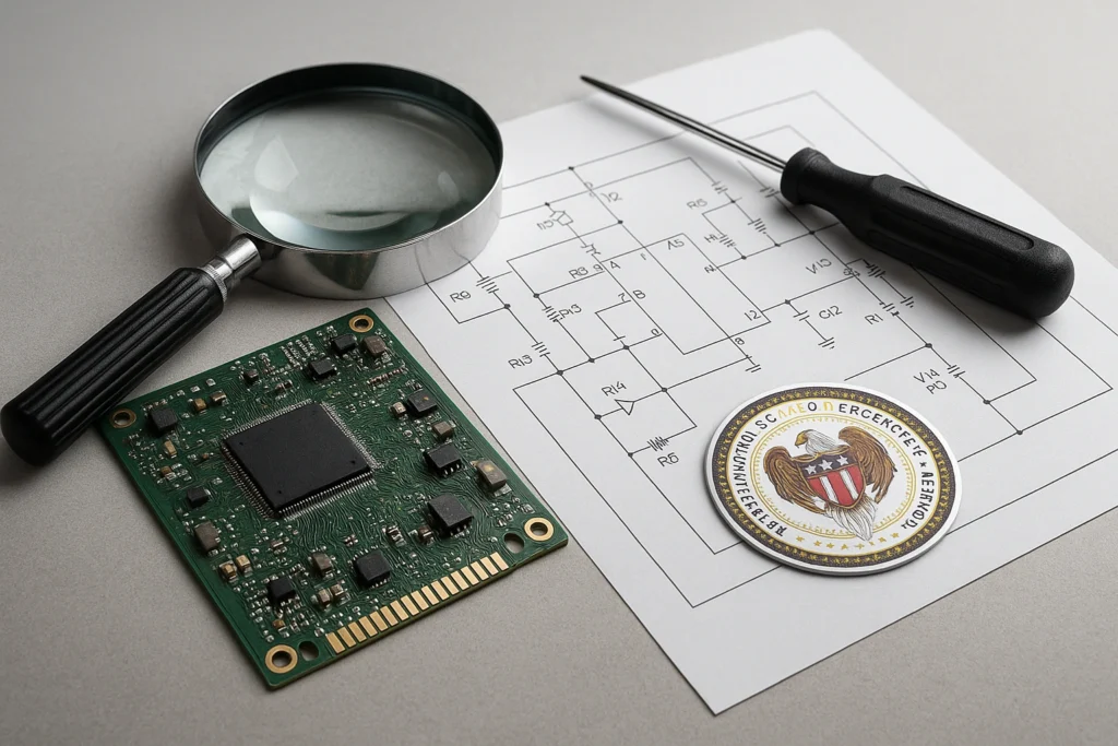 Green PCB with magnifying glass, schematic sheet, and screwdriver on a reverse engineering workbench.