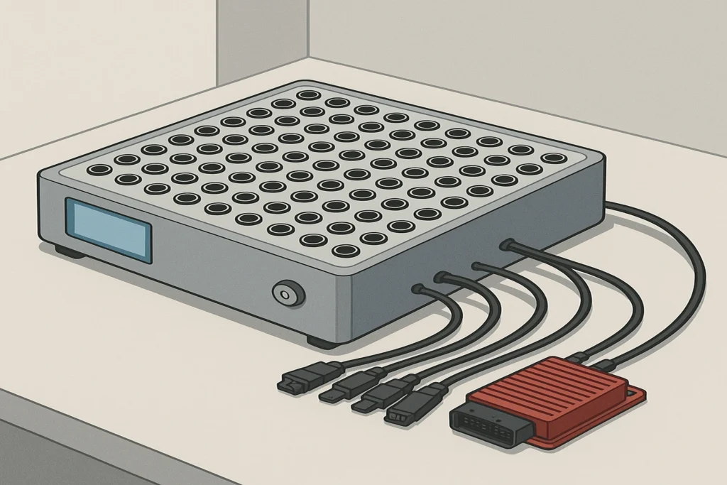 iESN Universal Simulator Concept with 128 round connectors wired to an ECU in a compact workbench corner layout.